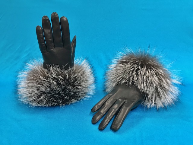 Ladies black leather gloves with silver fox cuffs