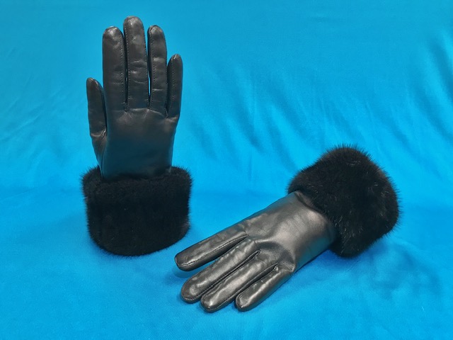 Ladies black leather gloves with black mink cuffs