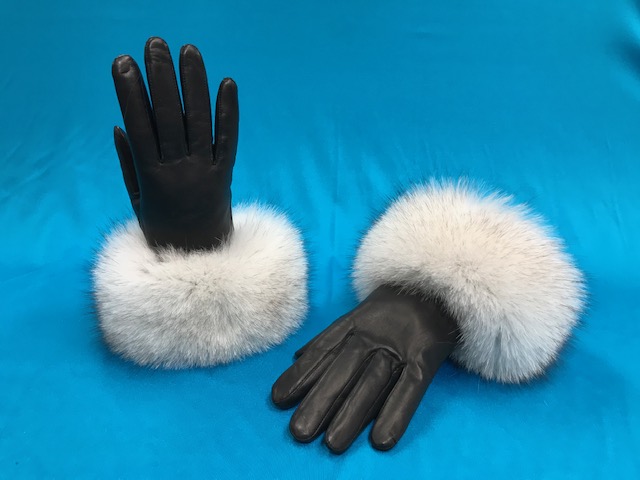 Ladies black leather gloves with blue fox cuffs